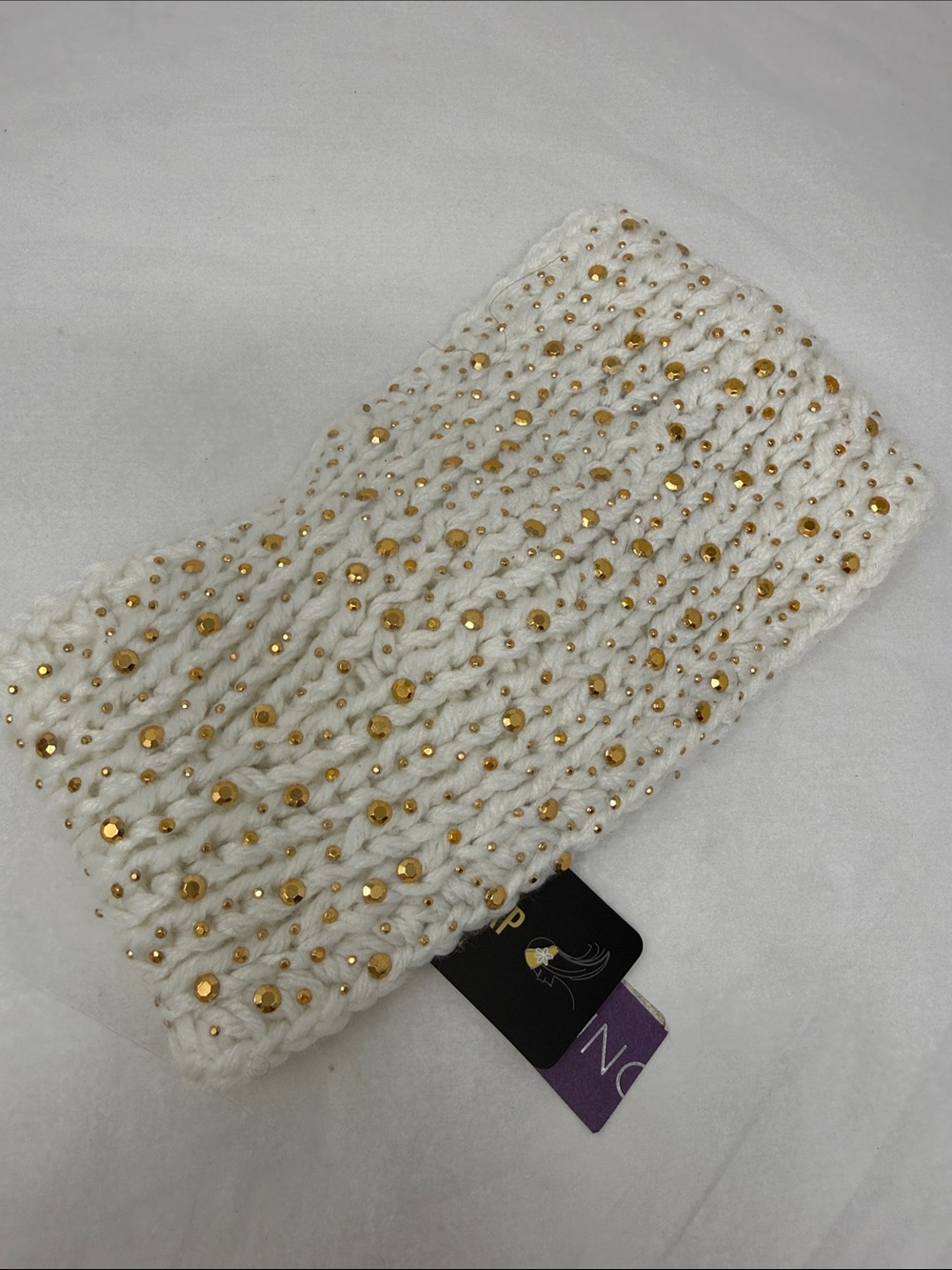 David & Young Ivory Knit Headwrap Gold Studded Rhinestone Winter Ear Warmer Glam
